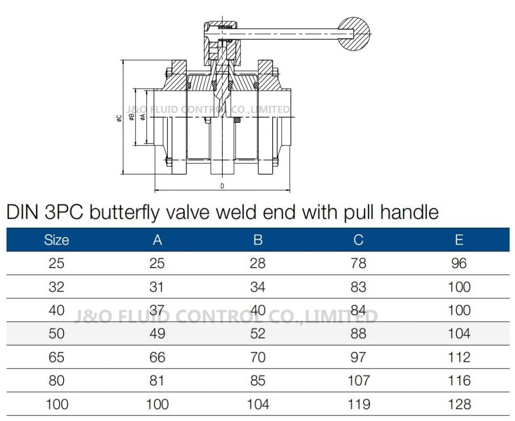 Sanitary Stainless Steel 3PC Butt Weld Butterfly Valve