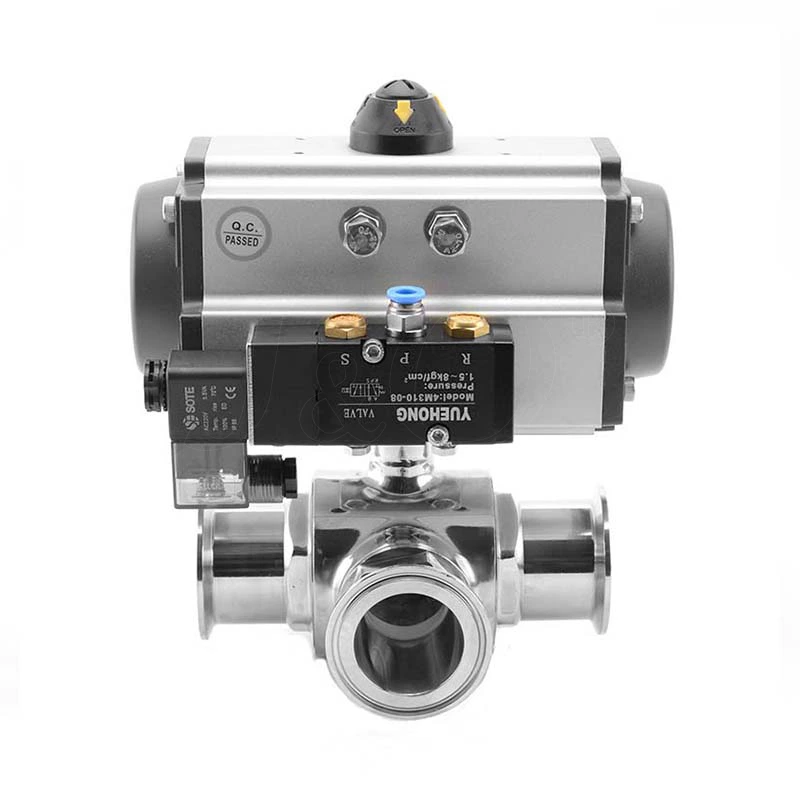 Sanitary Stainless Steel Pneumatic 3 Ways Ball Valve With Solenoid Valve